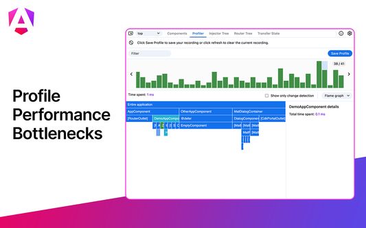 Titled "Profile Performance Bottlenecks", this shows the Profiler tab with a flame graph of Angular components illustrating how much time is spent rendering and interacting with each component on the page.