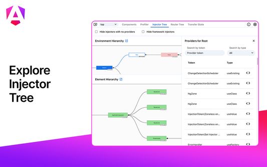 Titled "Explore Injector Tree", this shows the Injector Tree containing graph of the element hierarchy and environment hierarchy, demonstrating how Angular injectors on the page inherit from each other. One node is selected and shows a list of all tokens it provides.